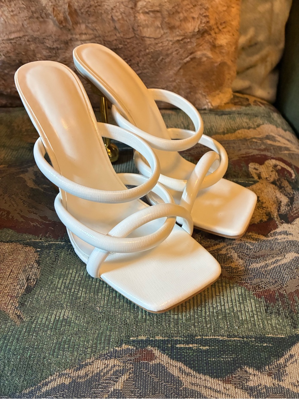 White Strappy Square-Toe Heeled Sandals with gold pin heel with ball